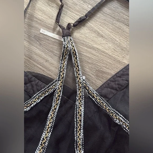 Free People Black and Gold Mini Dress Chiffon Asymmetric Boho Embroidered - Picture 7 of 8